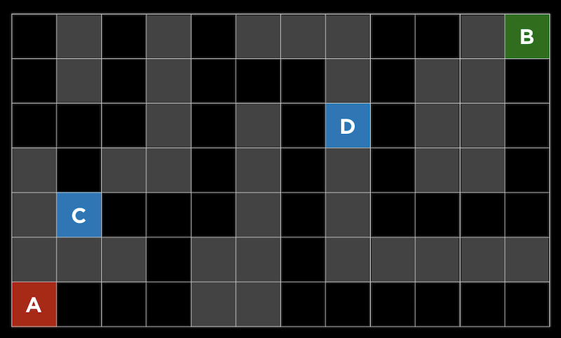 maze with C and D, where D is closer to B