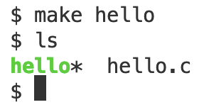 panel labeled terminal with command make hello and ls